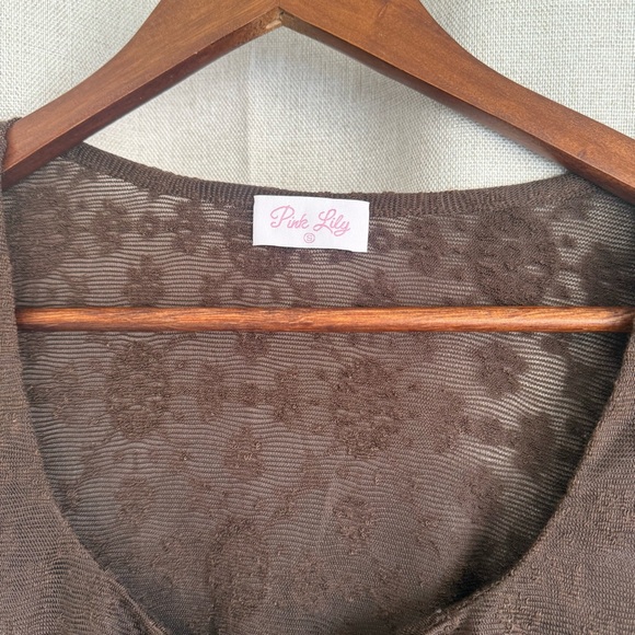 Pink Lily Brown Floral Mesh Ruched Tie Front Bell Sleeve Crop Top Size Small - Picture 2 of 5